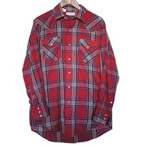 Vtg Pearl Snap Red Plaid Rodeo Shirt Silver Collection Karman 16x33 Long Tails